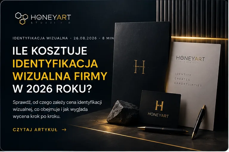 Elegancki zestaw firmowy: teczka, wizytówka i papier firmowy ze złotym logo na ciemnym tle — ile kosztuje identyfikacja wizualna, HoneyArt Studio Lublin