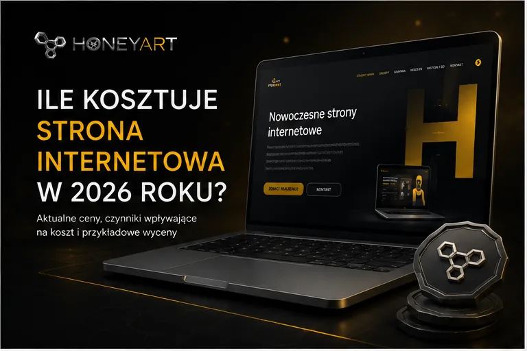 Laptop z nowoczesną stroną internetową na ciemnym tle — okładka artykułu o cenach stron w 2026 roku