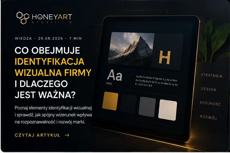 Tablet z księgą znaku: typografia, paleta barw i próbki kolorów marki — co obejmuje identyfikacja wizualna, HoneyArt Studio Lublin