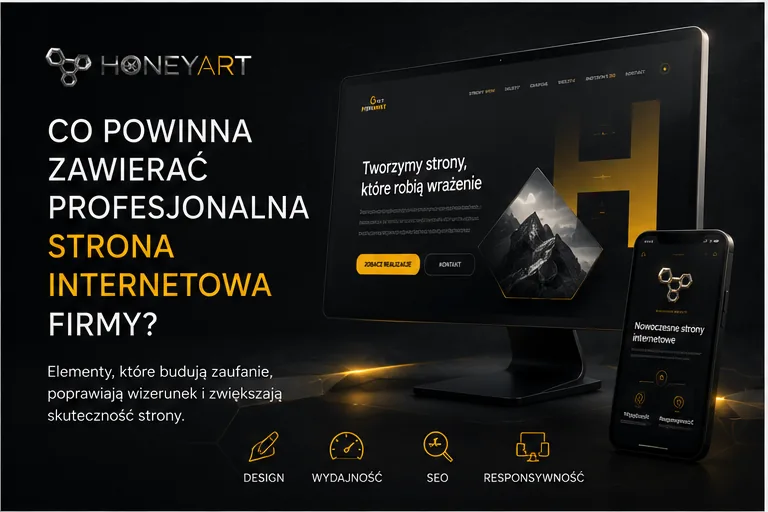 Strona firmowa na monitorze i telefonie z ikonami design, wydajność, SEO i responsywność