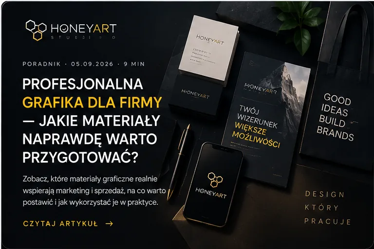 Zestaw materiałów firmowych: teczka, torba papierowa, telefon i wizytówki w spójnej identyfikacji — jakie materiały graficzne warto przygotować, HoneyArt Studio Lublin