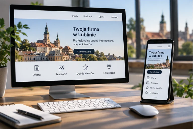 Nowoczesna strona firmowa wyświetlona równolegle na monitorze i telefonie — efekt modernizacji starej strony internetowej, HoneyArt Studio Lublin