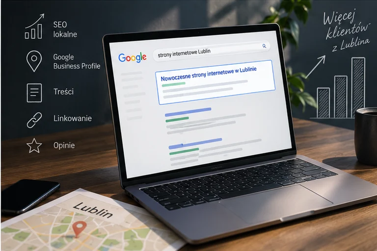 Laptop z wynikami wyszukiwania frazy strony internetowe Lublin, mapa miasta i ikony SEO lokalnego — pozycjonowanie lokalne, HoneyArt Studio Lublin