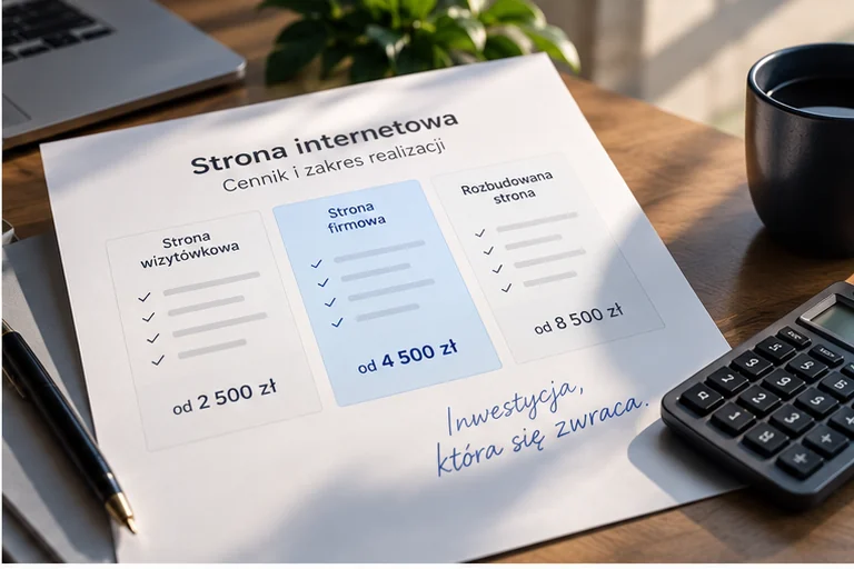 Wydruk z zestawieniem wariantów strony internetowej i zakresem realizacji na biurku — porównanie WordPressa ze stroną pisaną od zera, HoneyArt Studio Lublin