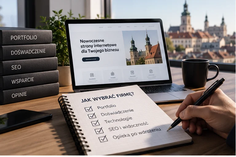 Notatnik z listą kryteriów wyboru wykonawcy i laptop z projektem strony firmowej na tle panoramy Lublina — jak wybrać firmę od stron internetowych, HoneyArt Studio Lublin