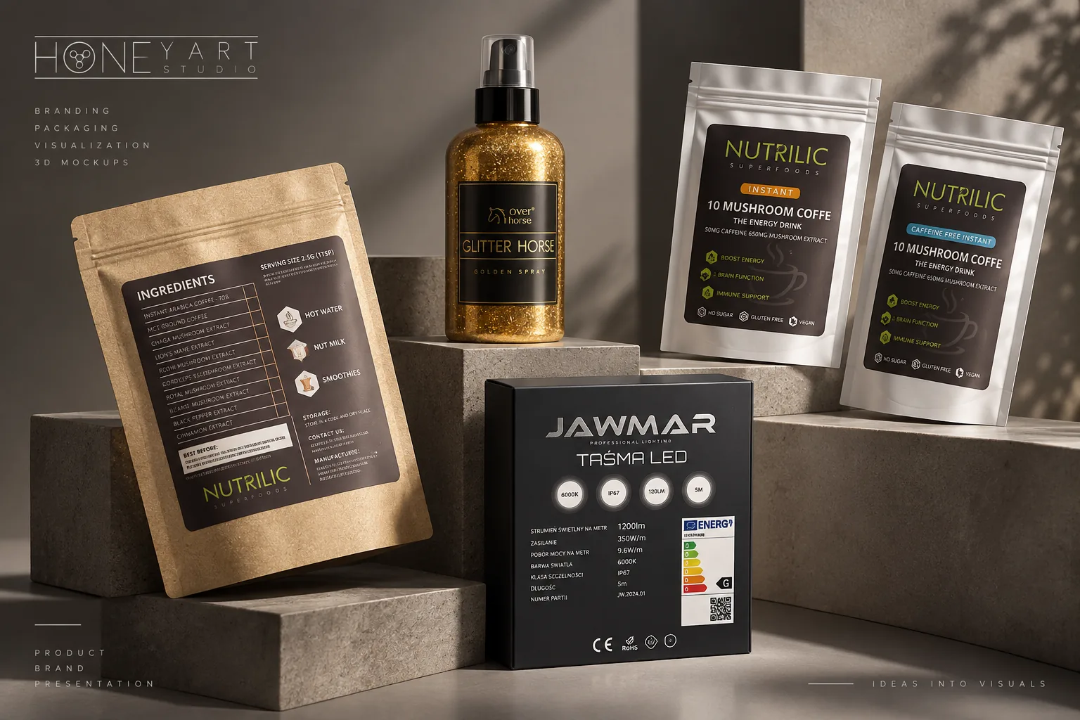 Grafika produktowa — etykiety i opakowania zaprojektowane przez HoneyArt Studio