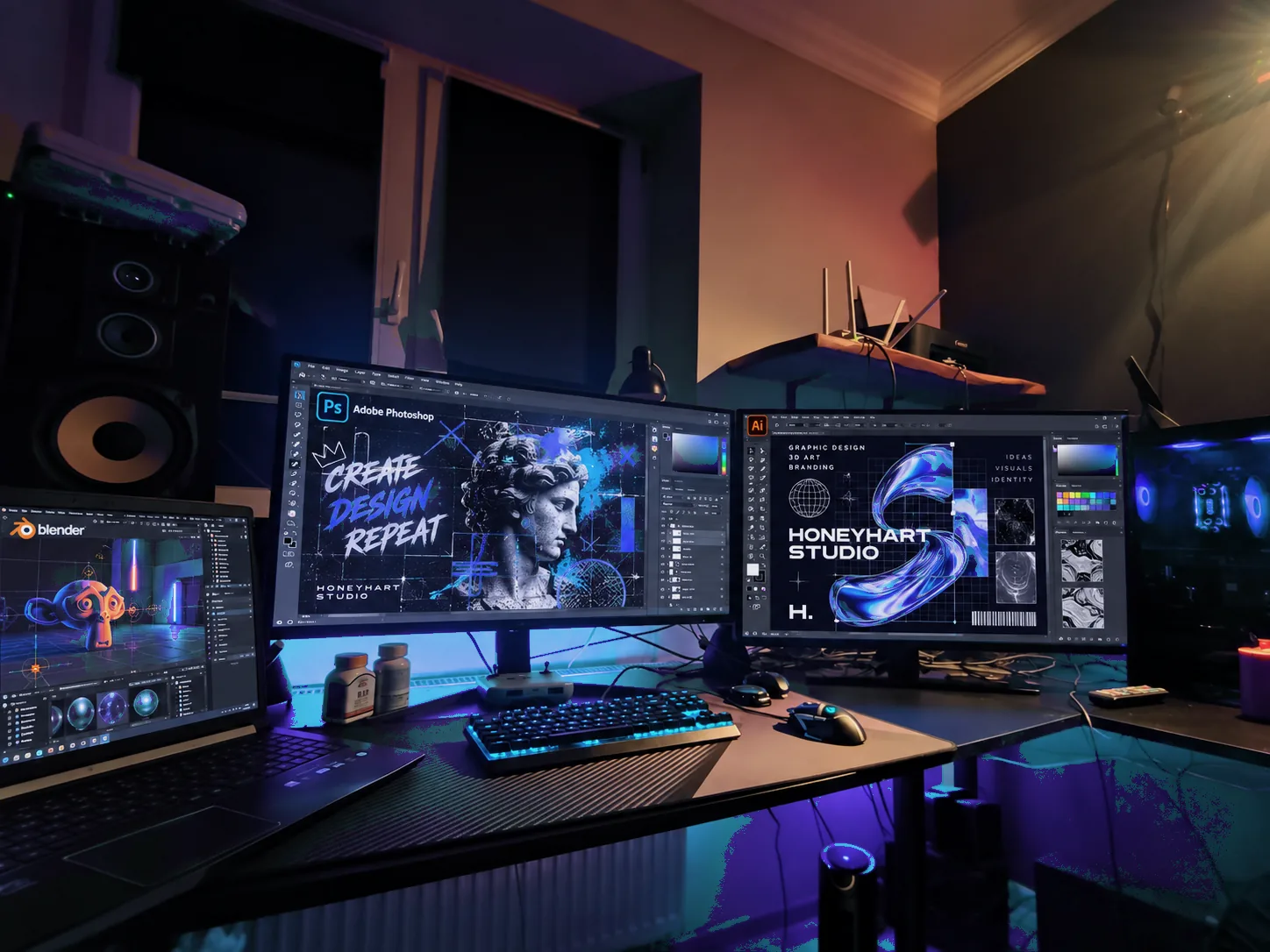 Stanowisko graficzne HoneyArt Studio — monitory z kalibracją i tablet graficzny