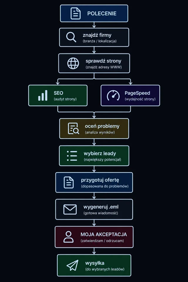 Schemat docelowego przebiegu: polecenie, znajdź firmy, sprawdź strony, SEO i PageSpeed, oceń problemy, wybierz leady, przygotuj ofertę, wygeneruj .eml, moja akceptacja, wysyłka